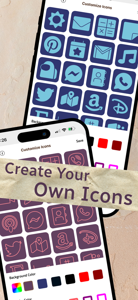 Interfaz que muestra cómo crear y personalizar iconos estéticos de iPhone con diferentes colores.
