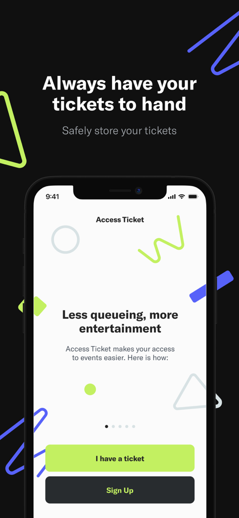 Pantalla de bienvenida de la aplicación AccessTicket con opciones para registrarse o gestionar entradas a eventos.