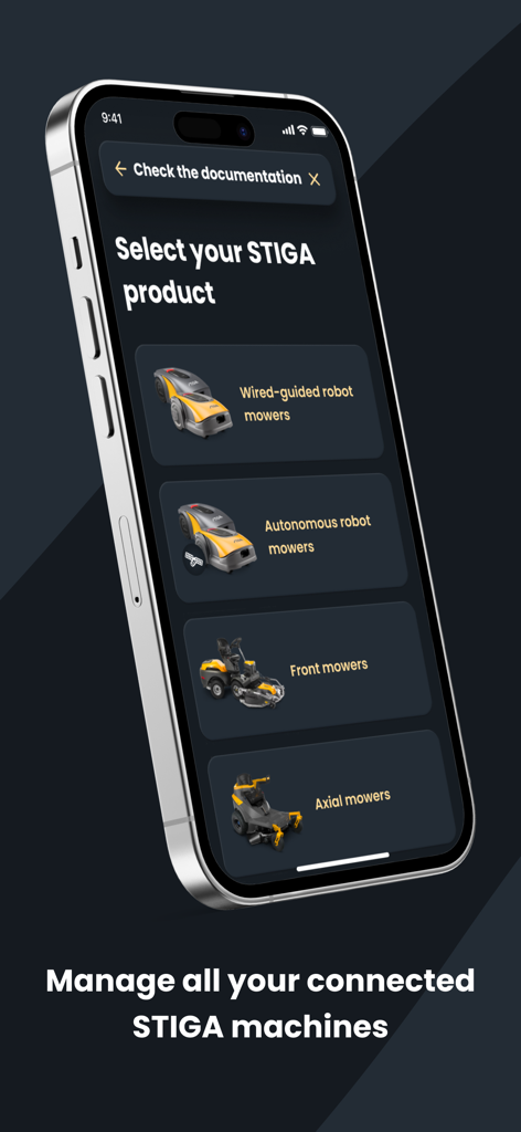 STIGA.GO - STIGA.GO App-Oberfläche, die den Produkt-Auswahlbildschirm zur Verwaltung angeschlossener Mäher, einschließlich Mährobotern und Frontmähern, zeigt
