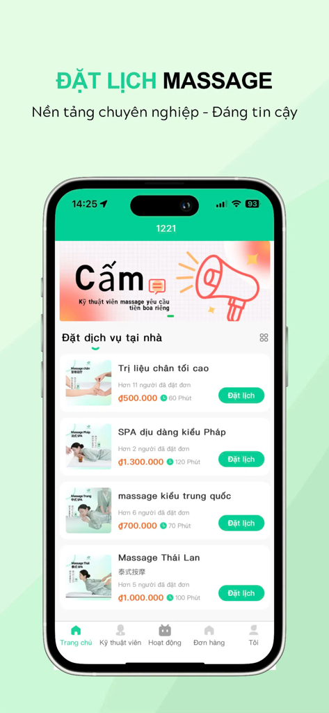 Relaxgo-Đặt Massage tại nhà 24 - Tela móvel do aplicativo Relaxgo mostrando um menu de serviços de massagem domiciliar profissionais, incluindo terapia de pés e massagem tailandesa com botões de reserva.