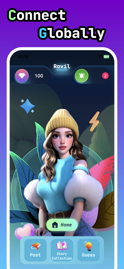 Rovil: Adults Chat For Fun - Tela inicial do aplicativo Rovil com um personagem feminino 3D e o texto Connect Globally