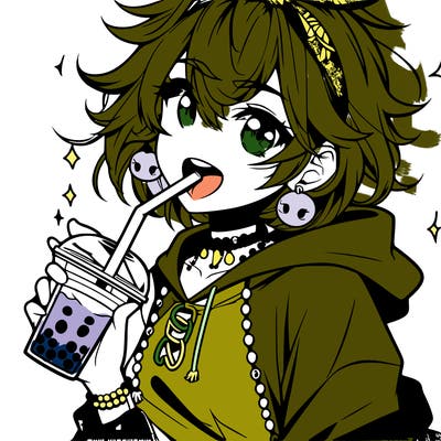 hot baddie anime girl drinking boba and biting the straw