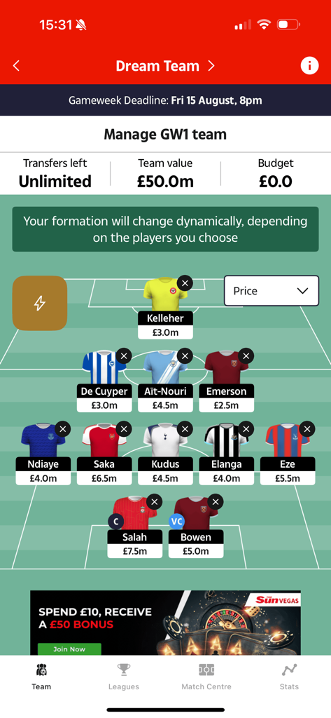 The Sun Dream Team - Fantasy football lineup management in The Sun Dream Team app showing a selected squad of Premier League players