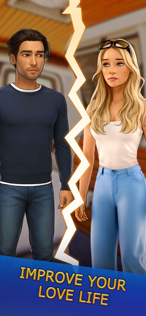 남자와 여자가 스타일리시한 금으로 분리되어 있으며, '사랑 생활 개선'이라는 텍스트가 있습니다.