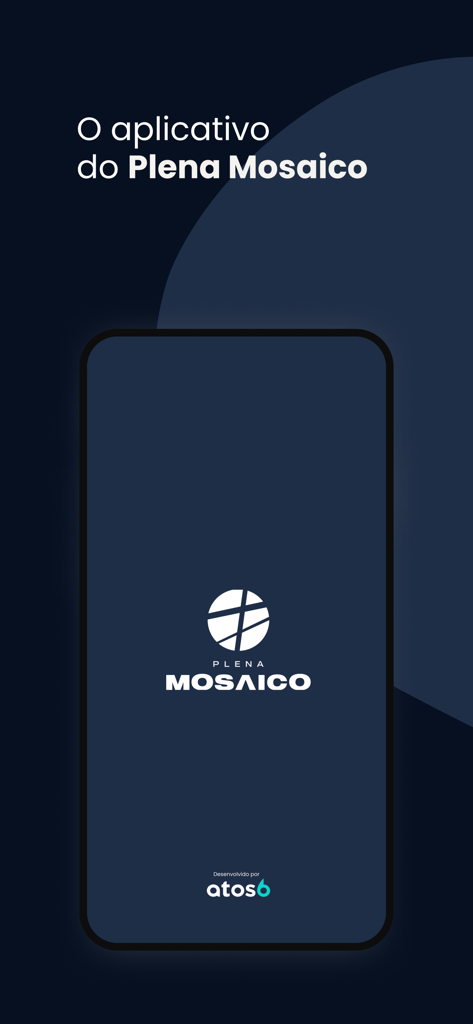 Plena Mosaico - Pantalla de inicio de la aplicación Plena Mosaico con el logo y la marca de la iglesia sobre un fondo oscuro
