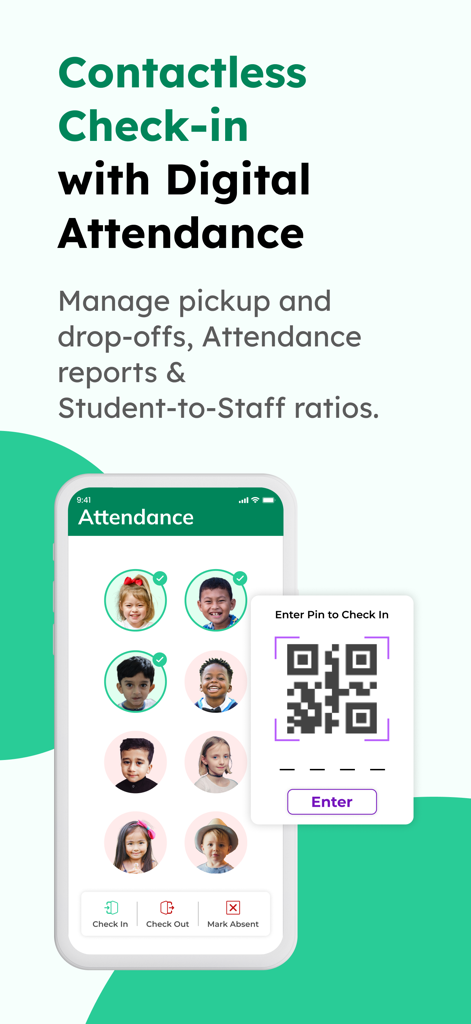 Mobile screen showing illumine for parents contactless check-in feature with digital attendance and QR code