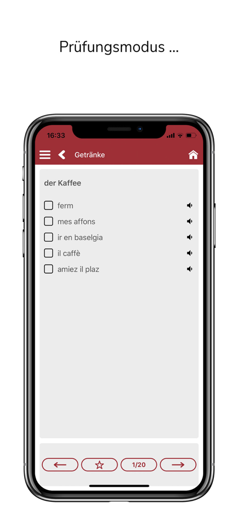 Interface do modo de exame do aplicativo Vokabeltrainer Sursilvan para aprender vocabulário