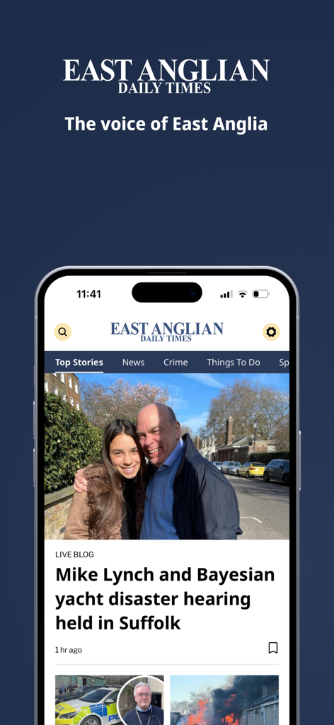 Pantalla de smartphone mostrando la aplicación de noticias locales East Anglian Daily Times con un titular sobre una audiencia en Suffolk