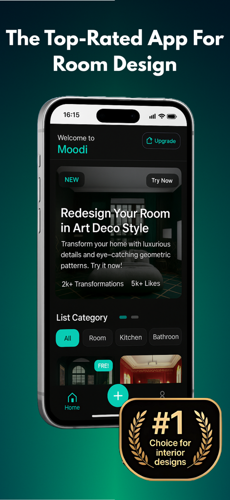 Room Planner Home Design Decor - Moodi interior design app interface showing Art Deco style room redesign and category selection on an iPhone