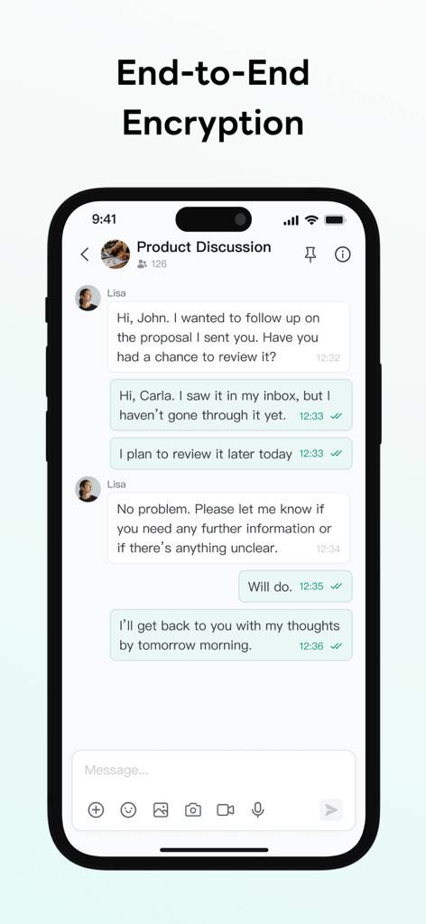 Interfaz de la aplicación BonChat que muestra mensajería grupal profesional cifrada de extremo a extremo