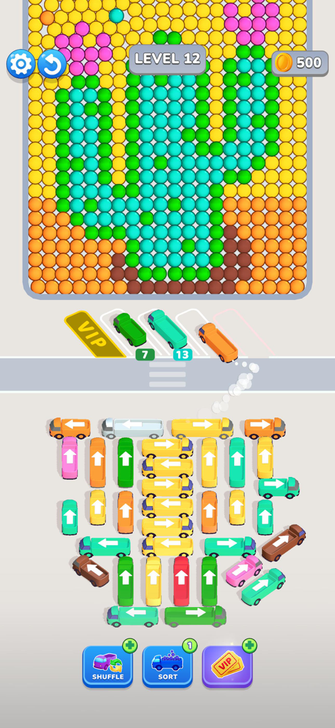 Bubble Bus: Parking Jam Puzzle - Captura de pantalla del juego de Bubble Bus que muestra un rompecabezas de clasificación de colores con autobuses y una cuadrícula de burbujas formando un cactus