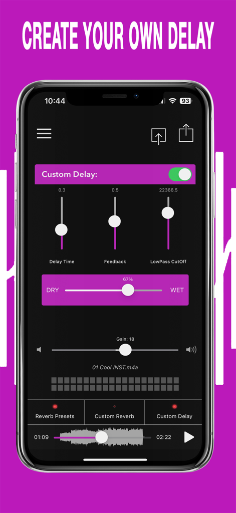 Custom delay settings interface in AudioVerb app with sliders for delay time and feedback