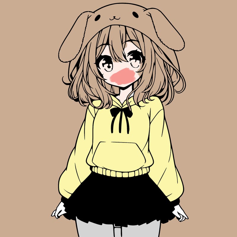pretty anime girl wearing a fluffy hoodie with bunny ears on the hood and a skirt