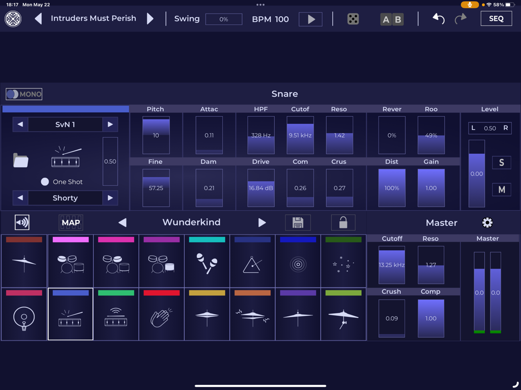 Beat Scholar Mobile - Beat Scholar Mobile user interface showing snare drum sound design controls and instrument grid
