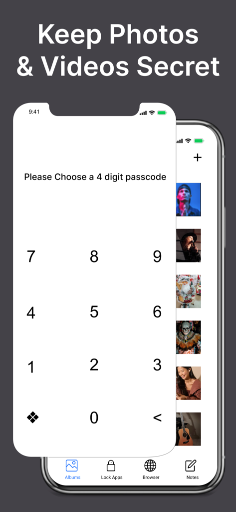 Ein mobiler App-Bildschirm, der eine numerische Tastatur zur Eingabe eines Passworts für ein privates Fotoalbum und ein App-Sperrsystem zeigt.
