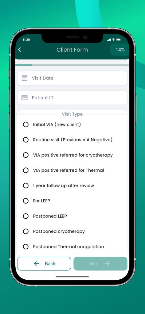 SEVIA - Formulario de cliente de la aplicación SEVIA que muestra la identificación del paciente y las opciones de tipo de visita para la detección del cáncer de cuello uterino