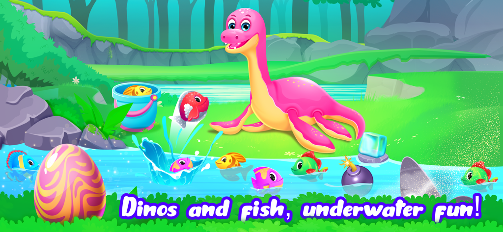 Dino World for Kids age 5 4 3 - カラフルな魚と模様のある卵の近くの川のそばにいるピンクのアクアティック恐竜