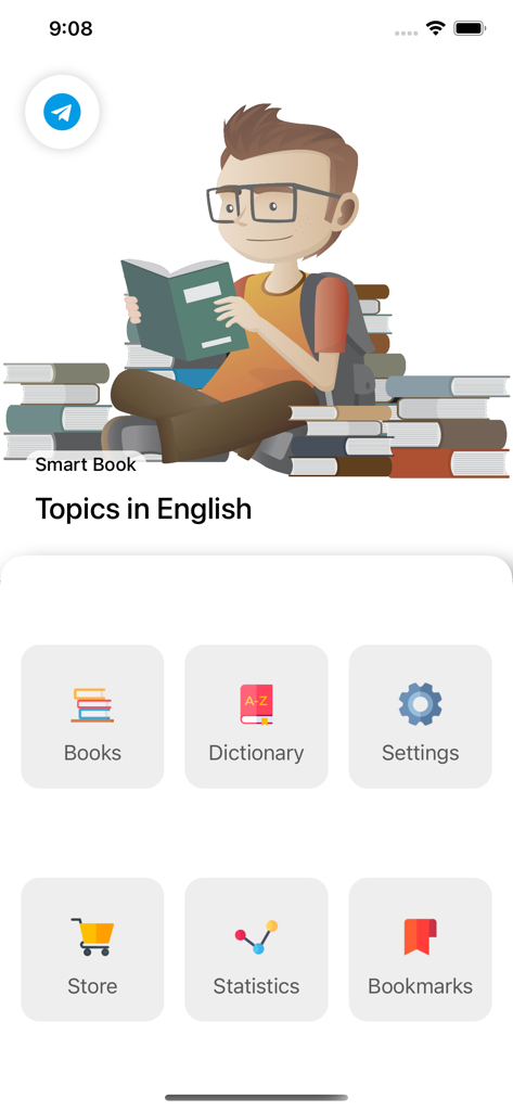 Smart Book - Smart Book app home screen with navigation icons for books dictionary settings store statistics and bookmarks
