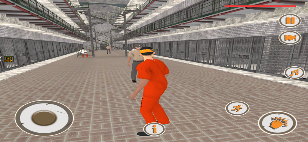 Prison Break Jail Escape Games - オレンジ色の囚人服を着たキャラクターが、3D刑務所の独房ブロックの廊下を移動している三人称視点