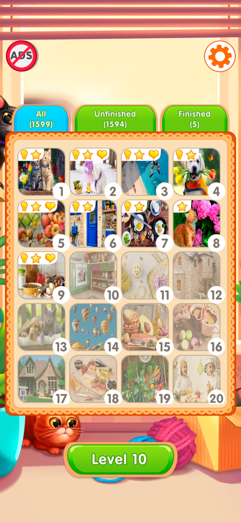 Meow - Find 5 Differences Game - Level selection menu in the Meow Find 5 Differences game featuring various animal and landscape puzzle thumbnails.