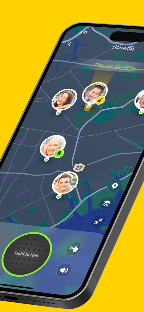 HiPal: Phone tracker & Talkie - HiPal app map interface with real-time location sharing and walkie-talkie feature