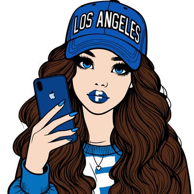 realistic beautiful girl wearing los ángeles cap holding an iphone