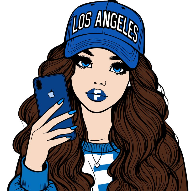 realistic beautiful girl wearing los ángeles cap holding an iphone