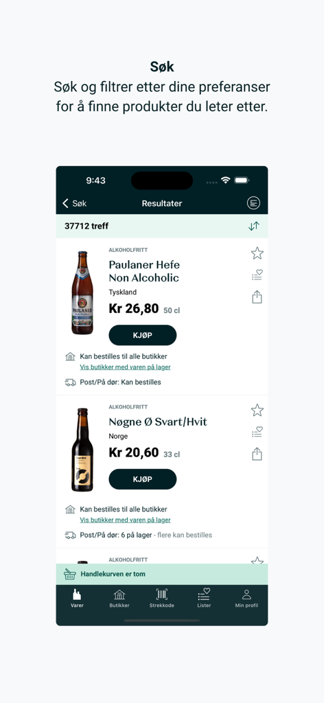 Vinmonopolet - Vinmonopolet app search results screen showing non alcoholic beers and prices