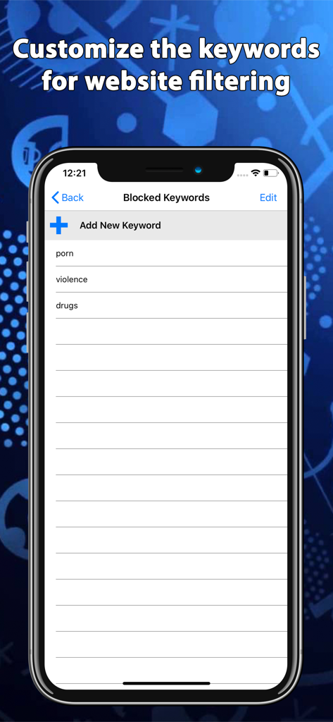 Website Blocker - Browse Safe - Screen showing customized blocked keywords list in the Website Blocker app for safe browsing