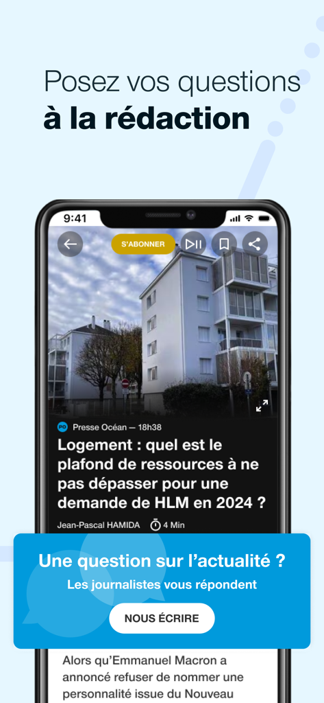 Presse Océan - Le Journal - Interface of the Presse Ocean app showing a news article and a feature to ask questions to the journalists.