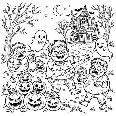 Embrace the playful spooky spirit with this unique Halloween coloring page featuring adorable bloated zombies, friendly ghosts, and a scattering of grinning pumpkins. It's the perfect activity to get into the eerie-sistible mood of the season.