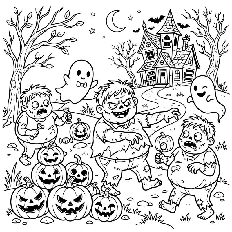 Embrace the playful spooky spirit with this unique Halloween coloring page featuring adorable bloated zombies, friendly ghosts, and a scattering of grinning pumpkins. It's the perfect activity to get into the eerie-sistible mood of the season.