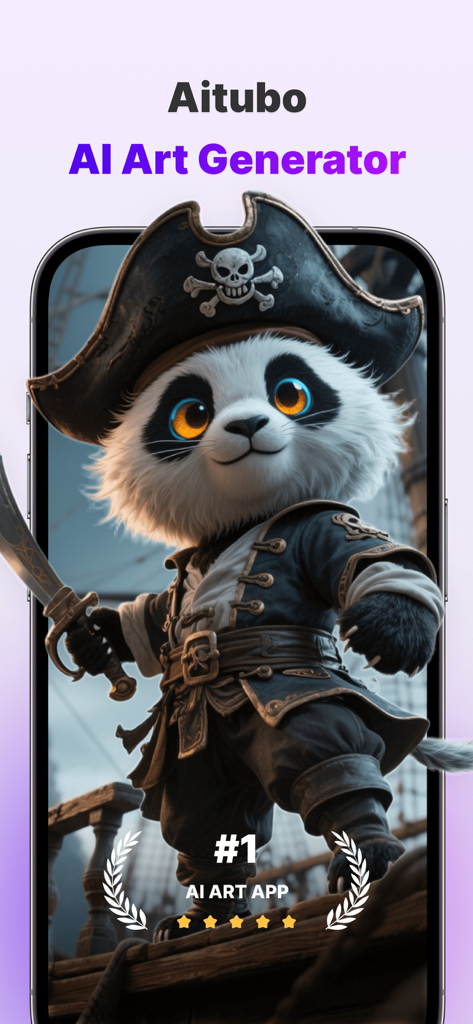 Aitubo: AI Video Generator - Aitubo AI Art Generator mobile app screen featuring an AI generated 3D panda character in a pirate costume