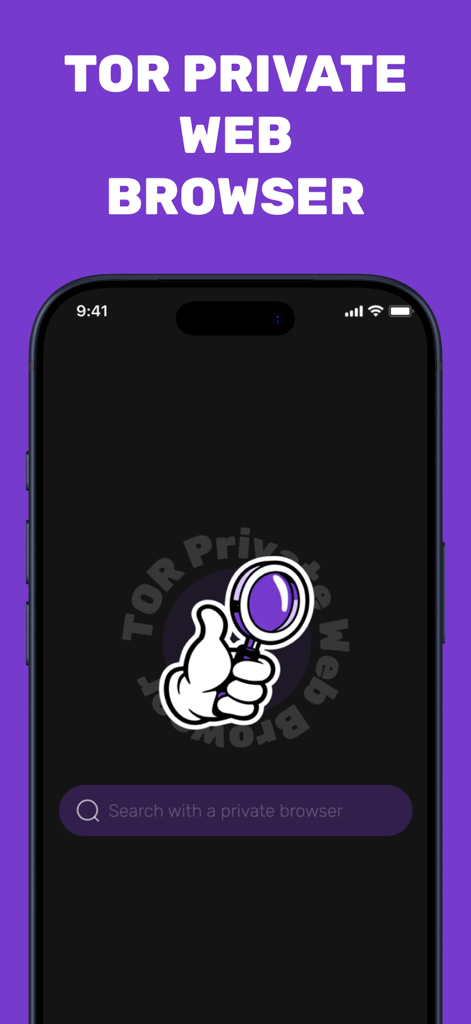Écran d'accueil de l'application Navigateur Web Privé TOR sur iPhone, présentant une barre de recherche et un logo en forme de loupe sur le thème de la confidentialité.