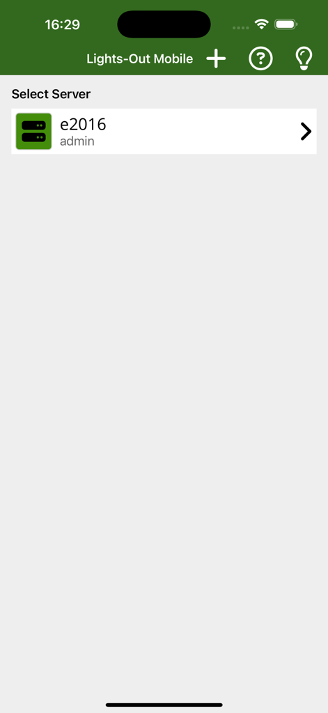Schermata di selezione del server dell'app Lights-Out Mobile