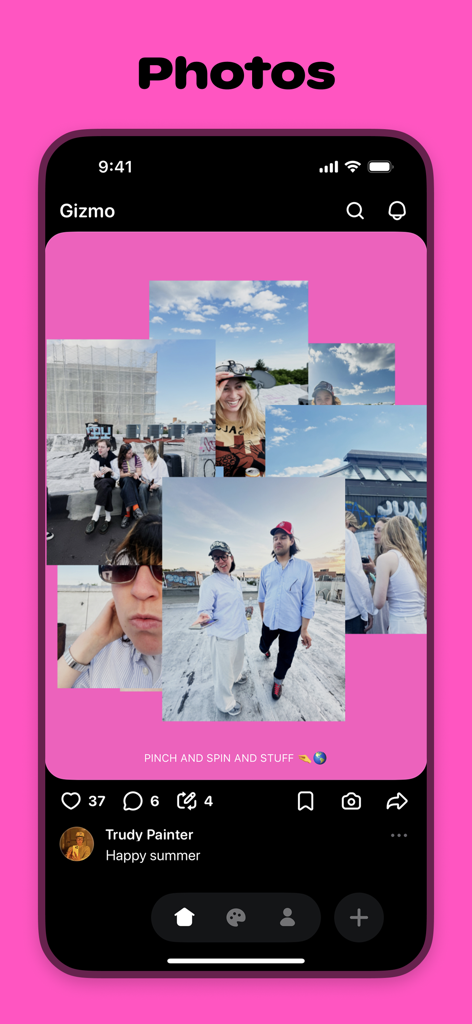 A screenshot of the Gizmo app showing an interactive photo collage gizmo with social media engagement features