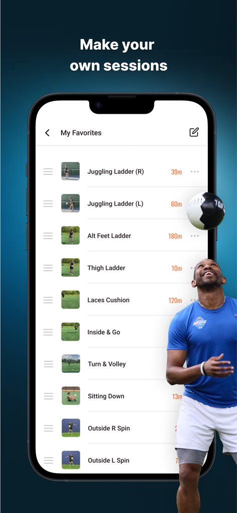 A mobile phone displaying the Techne Futbol app with a list of favorite soccer training sessions and a pro player in the background