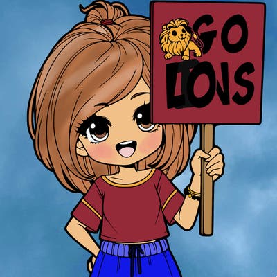 realistic girl holding a sign saying go lions!!