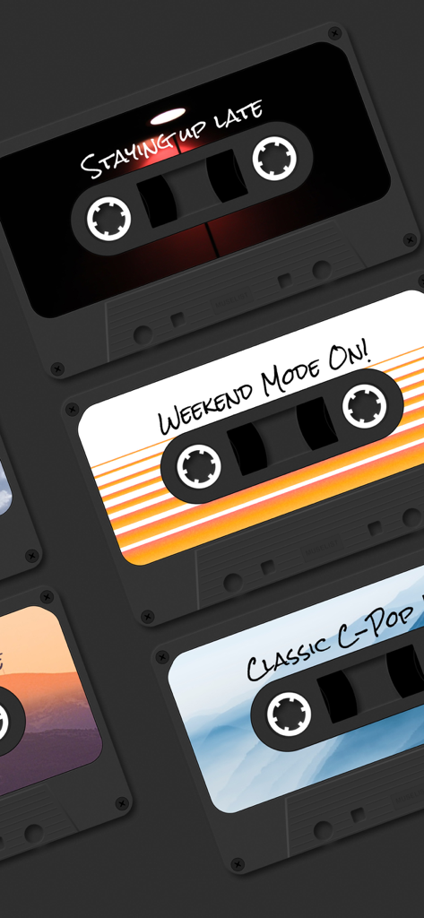MuseList：Play your loved songs - A collection of vintage cassette tape skins in the MuseList app featuring themes like Staying Up Late and Weekend Mode On
