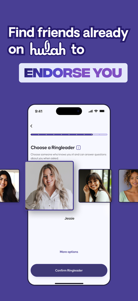 Hulah app interface for choosing a ringleader to endorse your profile