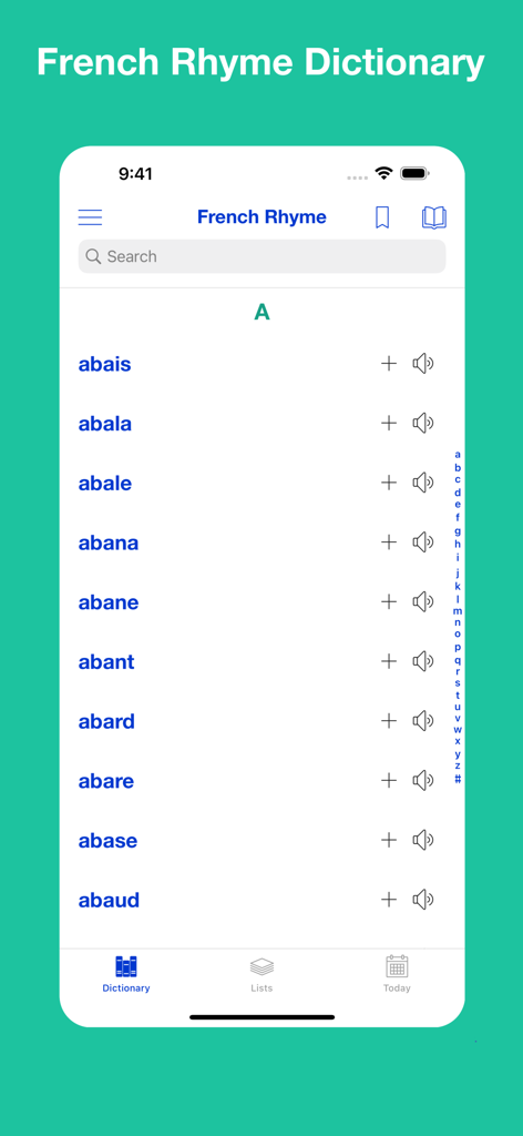 French Rhyme Dictionary - Lista alfabética de palabras en la interfaz de la aplicación móvil del Diccionario de Rimas en Francés