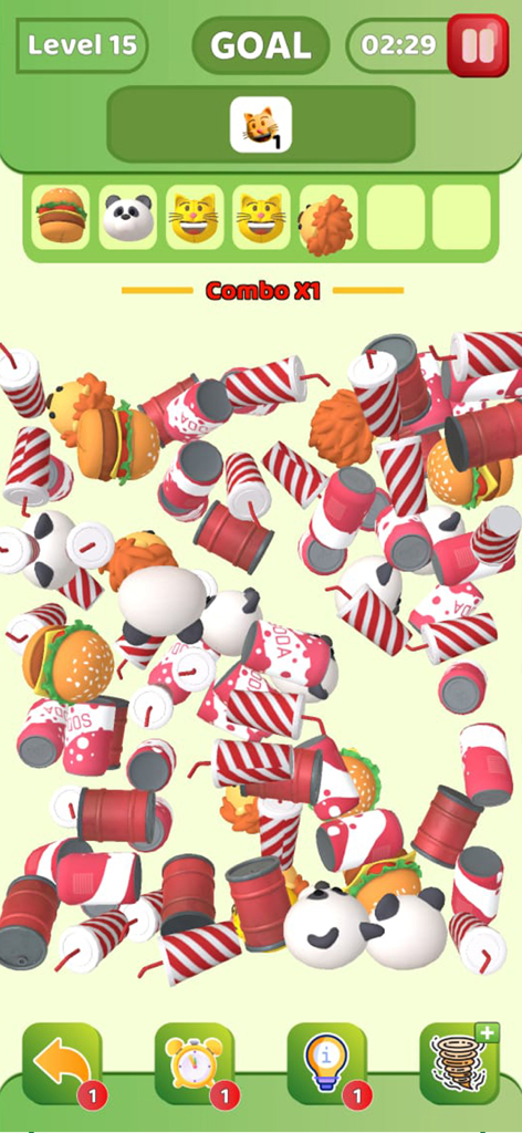 トリプルマッチ3Dトイブラストゲームのゲームプレイ画面。マッチさせてクリアするためのカラフルな3Dおもちゃのオブジェクトが表示されています。