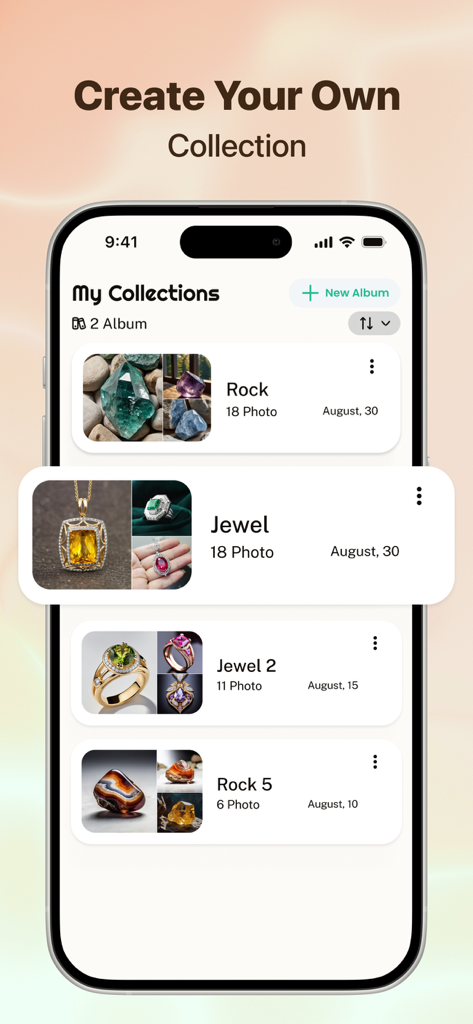 The My Collections screen in the Jewelry Identifier Value app displaying organized digital albums of scanned jewels and rocks