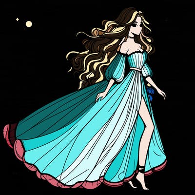 beautiful woman with a vaporous long dress walking on the beach at the noon, detailed art