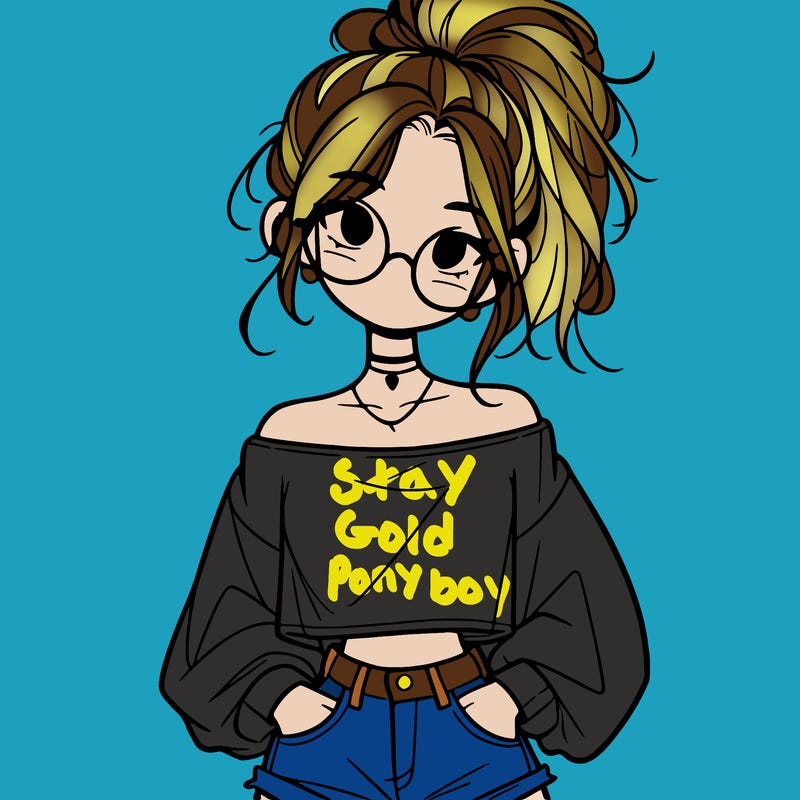 girl with a messy ponytail glasses a baggy crop top and jean shorts