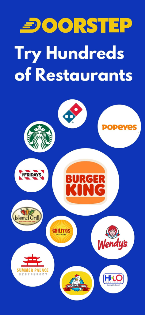 Doorstep JA Food Delivery - Doorstep JA app promotional screen showing popular restaurant logos including Burger King Starbucks and Island Grill