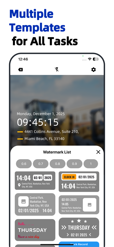 Mobile App-Oberfläche, die eine Vielzahl von Zeitstempel- und GPS-Wasserzeichenvorlagen für professionelle und kreative Zwecke anzeigt.
