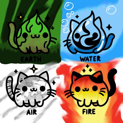 4 cats that represent the different elements, earth, water, air, and fire