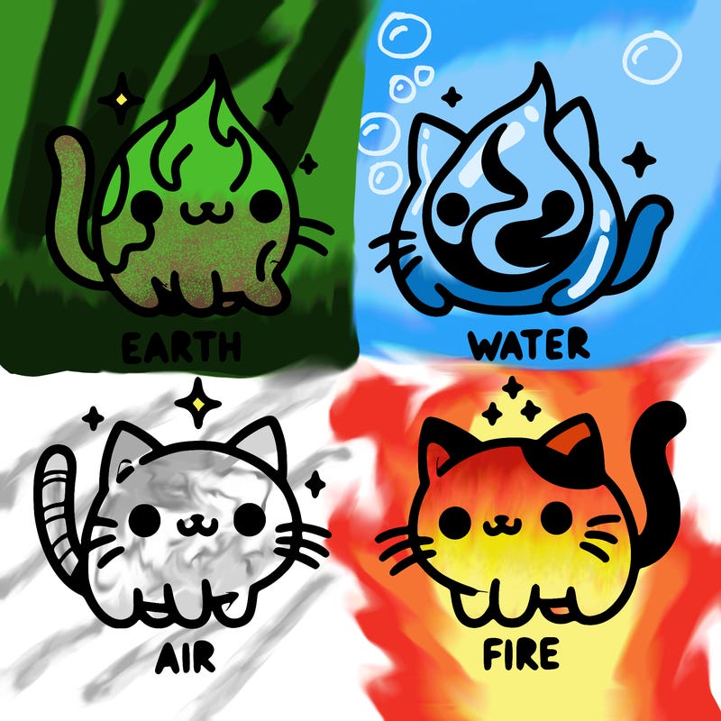 4 cats that represent the different elements, earth, water, air, and fire