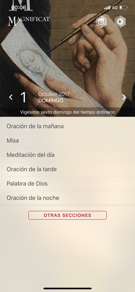 Magnificat en espanol 앱의 메인 화면, 매일 기도와 미사 옵션을 보여줌